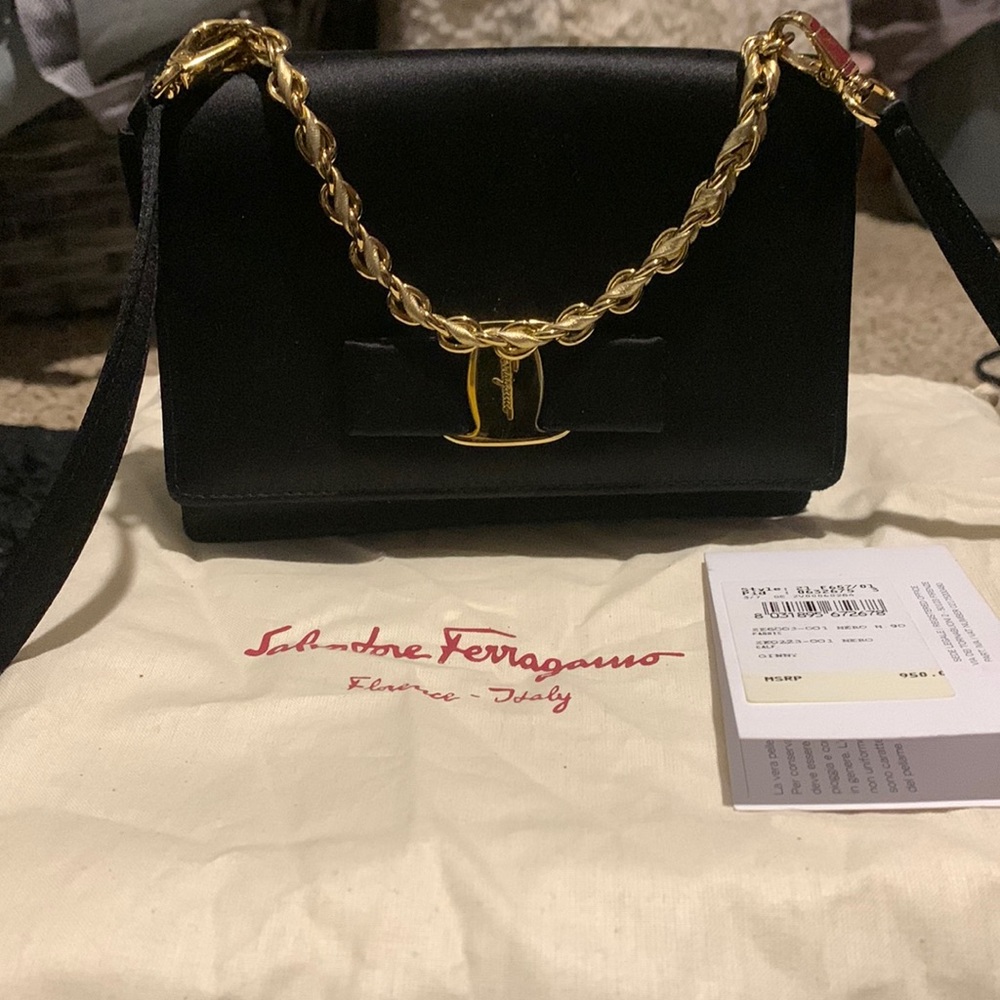 Ginny Salvatore Ferragamo black silk fabric with gold hardware Crossbody/covert